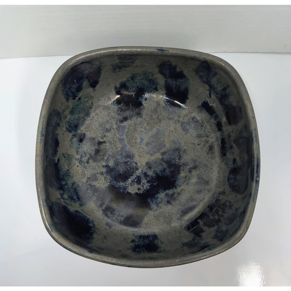 Large Art Pottery‎ Serving Bowl Reactive Glaze Square Black Gray Blue Green 9"